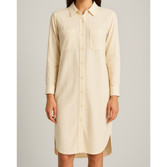 MONROW Small Linen Blend Button Front Midi Shirt Dress Pale Yellow Coastal - Picture 1 of 12